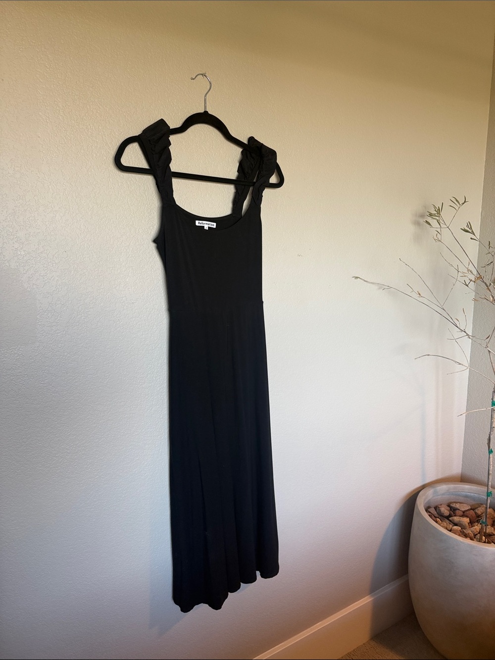 Reformation Black Ruffle-Shoulder Maxi Dress with Scoop Neck